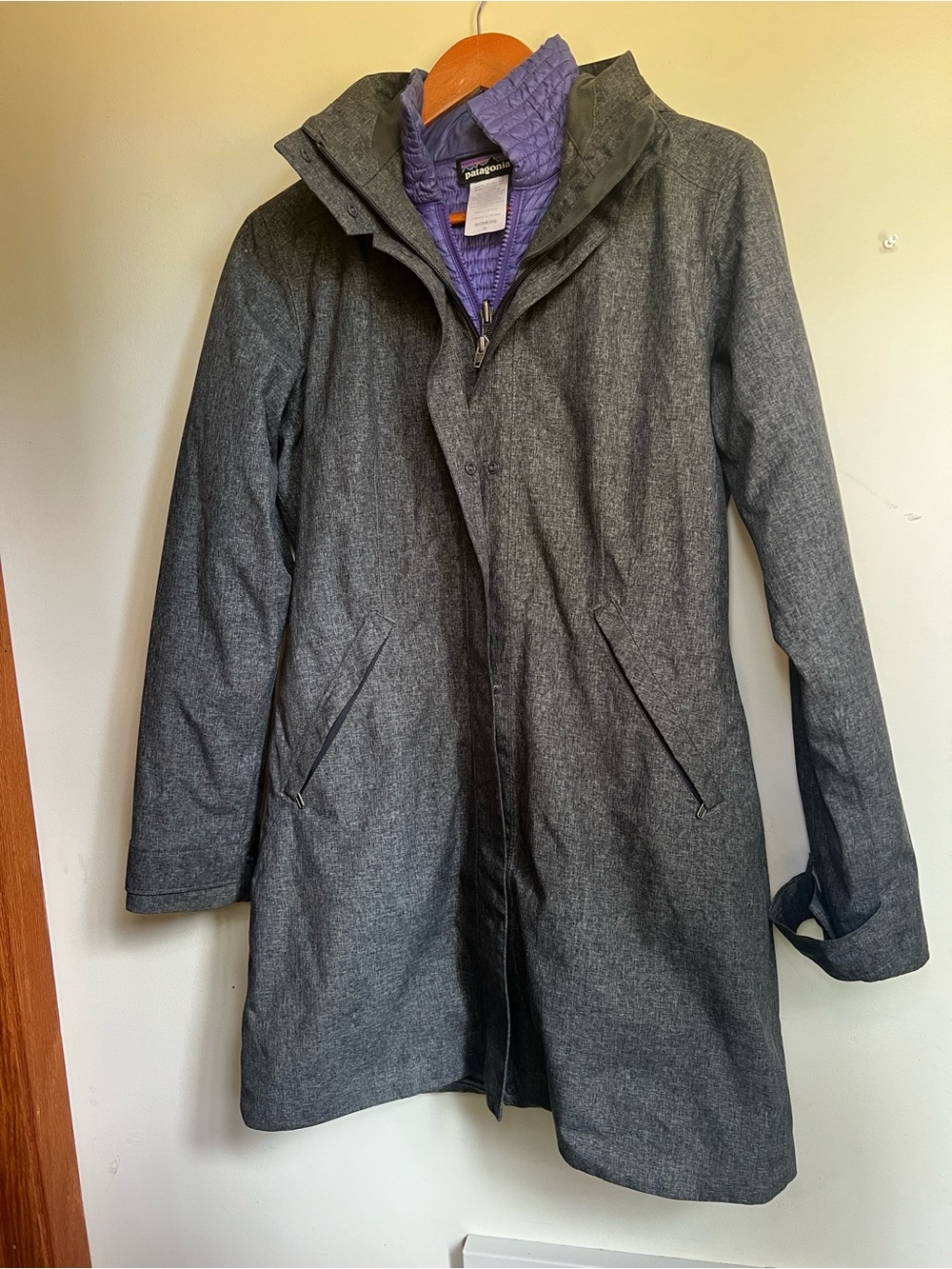 Patagonia Gray Trench Coat with Removable Purple Quilted Liner